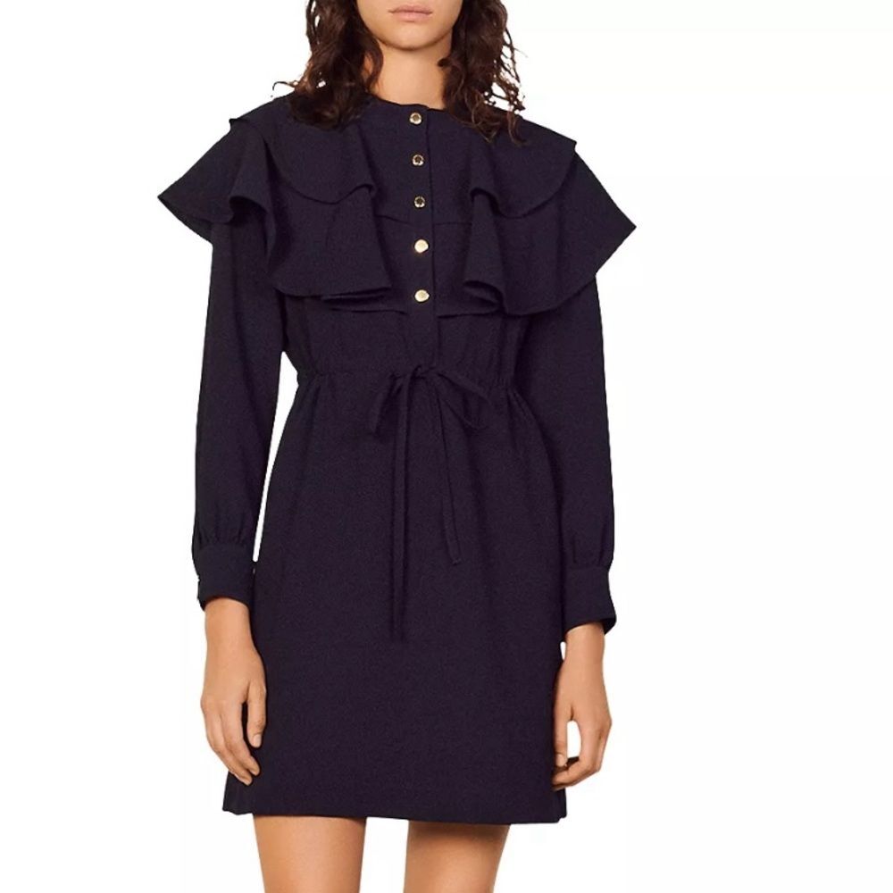 SANDRO Wendy Ruffle Collar Dress, Marine, NWT, Size FR 36 US 4